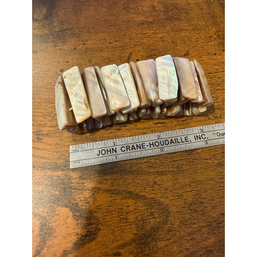 Natural Mother of Pearl Shell Stretch Bracelet Iridescent Boho Tile Cream Tan